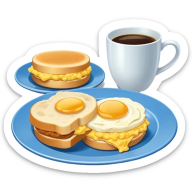a blue plate with breakfast sandwiches and scrambled eggs and a cup of white coffee sticker