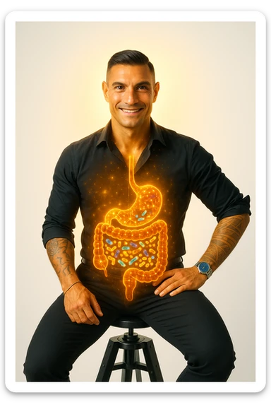 Radiant man with transparent digestive system showing diverse, thriving gut bacteria colonies in perfect balance, beneficial microorganisms glowing like constellation patterns throughout intestines, expression of optimal health and vitality, digestive tract functioning as harmonious ecosystem, immune system strengthened by microbial diversity, energy levels at peak performance sticker