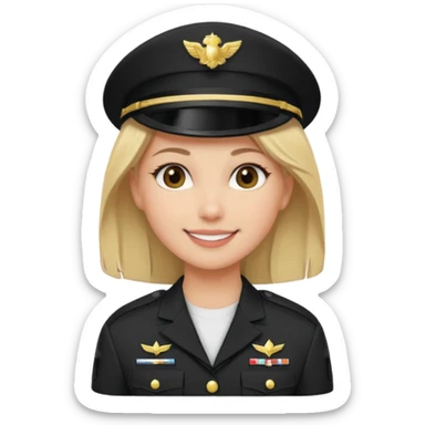 Apple-style emoji: female soldier, bust, no cap/helmet, friendly smile,black color blonde hair sticker