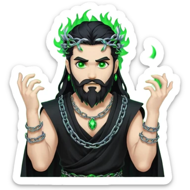 hades greek god with green flames and beard with chains on his arms and neck, Long hair. Dynamic pose sticker