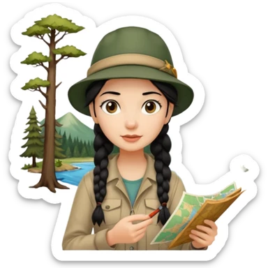 A braid black hair backpacking woman checking her map with curious eyes while walking in the woods with camping hat sticker