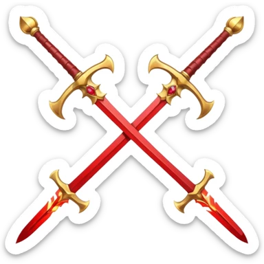 Two crossed swords that are golden in blade and handle and have fiery and royal appearence to them as well as red gem stones sticker