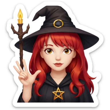 a witchy girl with long red hair and bangs holding a lucky sign sticker