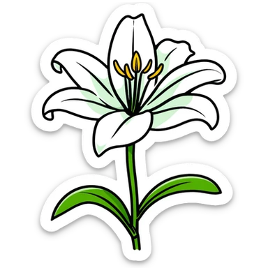 Pure white lily flower with accurate six-petal structure, visible stamens, and green foliage sticker