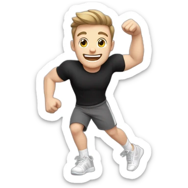 Joyful Celebrating victory Pale skinned Fit Man With the biceps and dark brown hair in black shirt, gray sports shorts and white Sneakers sticker