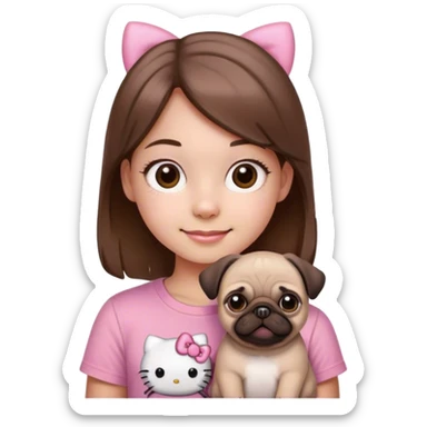 Happy Young Girl with pink hello kitty shirt brown hair and brown eyes and brown pug sticker