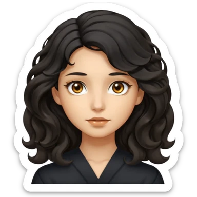 this avatar of girl has shoulder-length black wavy hair with loose curls framing the face, and a long, pointed face with golden-brown eyes and a calm, neutral expression. sticker