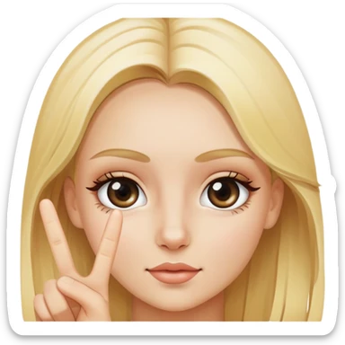 blonde girl does peace sign next to eye sticker