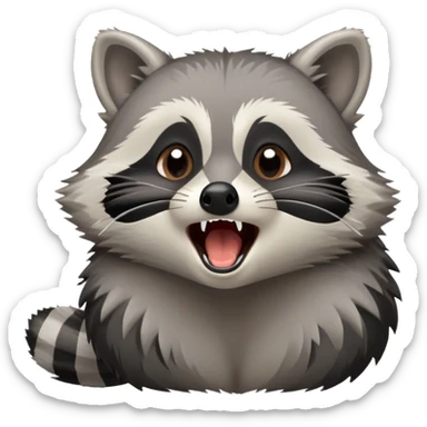 Cinematic-Cute-Yawning-Raccoon-Portrait-Emoji – Head tilted slightly with a dramatic, wide-open yawn, revealing a soft grey and black fur coat with a striped bushy tail, round brown eyes barely open in drowsy curiosity. sticker