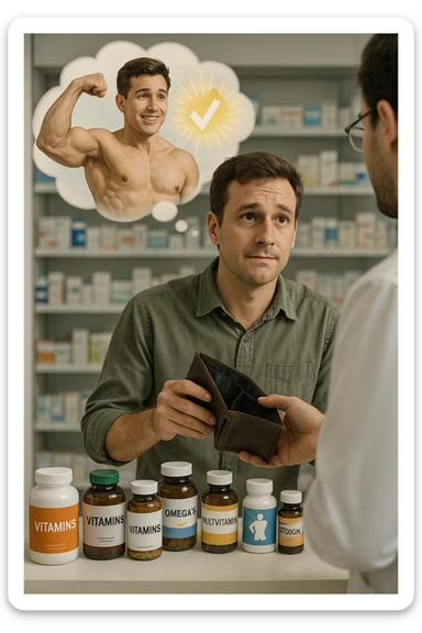 a man stands at a pharmacy counter, handing over a nearly empty wallet to the cashier while the counter is filled with bottles of supplements and vitamins. His expression is hopeful but slightly anxious. In the background, a thought bubble shows exaggerated images of instant health and fitness, symbolizing unrealistic expectations.  in italiano super realistica sticker