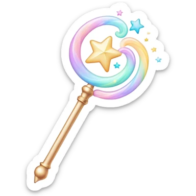 Cinematic cute magical wand, pastel swirls of color, tiny twinkling stars floating around, glowing softly, chubby rounded edges, whimsical and dreamy. sticker