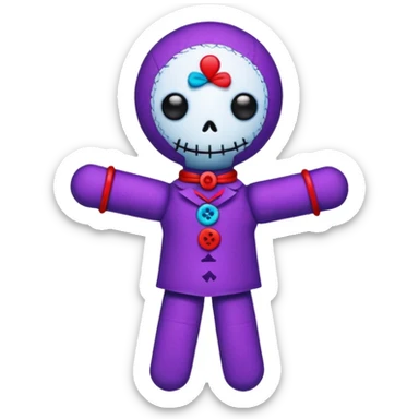A colorful voodoo doll with bright fabrics in purple, red, and blue, with decorative buttons and pins sticking out sticker
