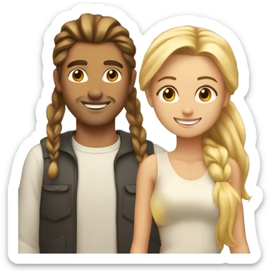 Woman and man smiling, woman has straight Brown hair in a ponytail, slightly sunkissed skin, man has blonde long hair which are in a ponytail, slightly sunkissed skin sticker