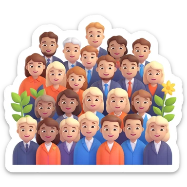3D emoji-style illustration of a diverse group of happy employees standing together, with subtle symbols of growth and positivity like a heart and sparkles, soft shading, friendly, modern sticker