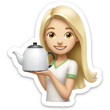 Happy blonde girl with a white kettle making tea sticker