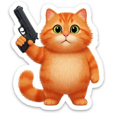 fat orange cat with long curly hairs and glock in his paw sticker