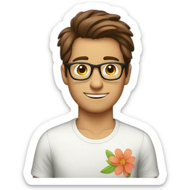 brown hair up guy wearing glasses and t-shirt with flower print sticker