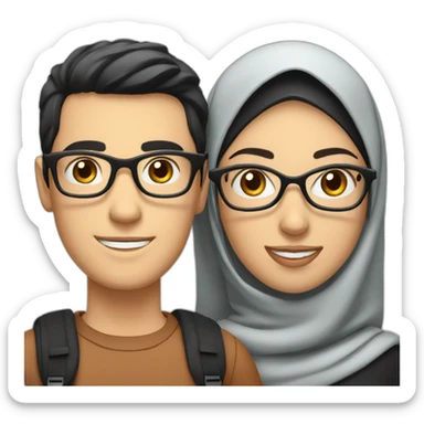 young white man with black hair and glasses and woman with hijab, both with backpack for holiday trip sticker