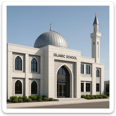 modern Islamic school building with a dome and minaret, clean and professional style sticker
