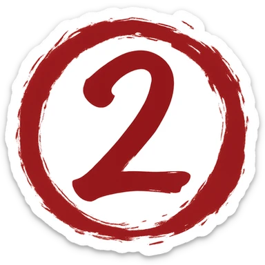 Edit the image to depict the number 2 in a Chinese Eastern style with a rich red color. The number should have a calligraphic form similar to the reference. Surround the number with a torn, smeared circular frame in the style of a Japanese enso, with edges that are highly artistic and messy. The inside of the circle should have a transparent background and no decoration. sticker