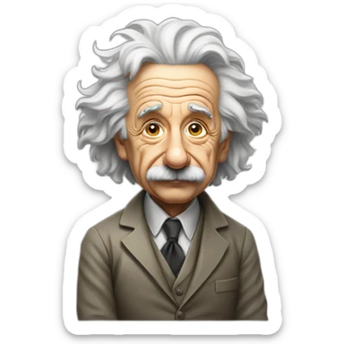 a full body perspective of albert einstein sitting on an invisible edge sticker