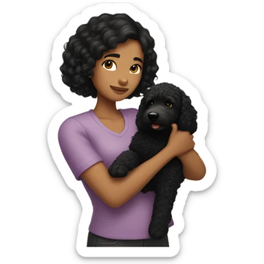Girl with black hair holding golden doodle in her arms  sticker