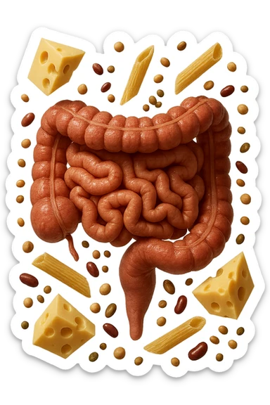 PEZZETTI DI EMMENTAL, PENNE DI PASTA RIGATE E LEGUMI FLUTTUANO INTORNO AD UN INTESTINO UMANO ANATOMICO REALISTICO, iperrealistico 4k sticker