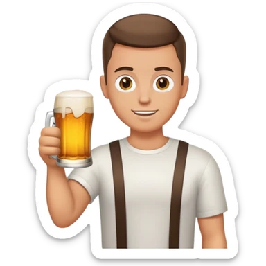 white guy, brunette crew cut hair, holding beer sticker
