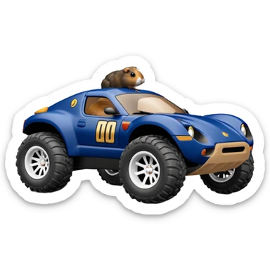 Side view of Midnight blue Local Motors Rally Fighter off road rc car driven by a Guinea pig  sticker