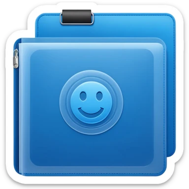 A translucent blue plastic folder with rounded corners, elastic string and button closure, soft matte finish, and a passport/travel symbol.  sticker