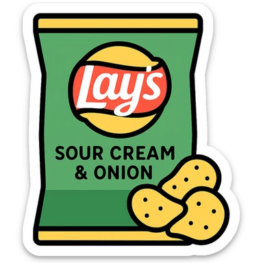 stylized icon of Lay's Sour Cream and Onion chips, green bag with yellow Lay's logo, chips spilling out, simple and bold sticker