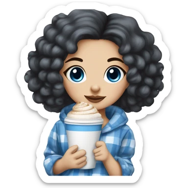 very beautiful girl with blue eyes dark hair in blue checked pajama with maltipoo and cappucino  sticker