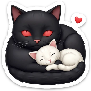 Big black cat is sleeping with a small white cat with hearts above sticker