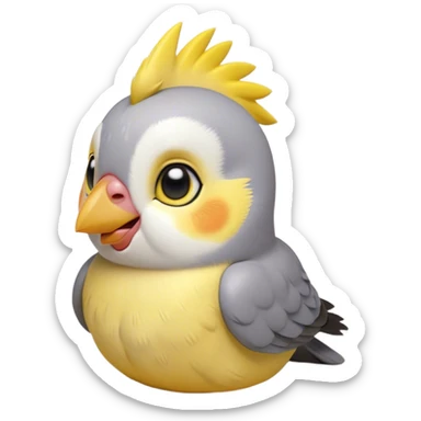 Cinematic Cute Cockatiel Portrait Emoji, Head tilted playfully and inquisitively, featuring a smooth grey fur with bright yellow accents and a perky crest, round, sparkling dark eyes filled with curiosity, Simplified yet irresistibly adorable features, highly detailed, glowing with a warm, friendly glow, high shine, affectionate and lively, stylized with a touch of whimsy, bright and endearing, soft glowing outline, capturing the essence of a mischievous yet loving cockatiel, so playful it feels like it could chirp out of the screen and into your arms! sticker