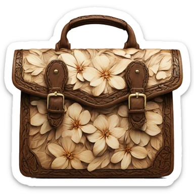 Realistic isolated rustic wooden tooled flower pattern designer satchel purse. sticker