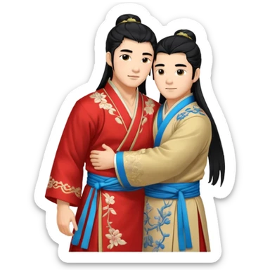 two muscled asian guys hugging in hanfu clothes, long hair sticker