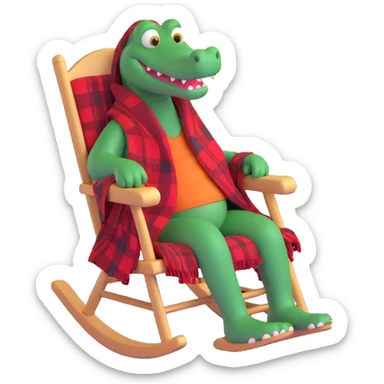 a grandpa alligator, sitting in a rocking chair, with a cozy blanket and slippers sticker