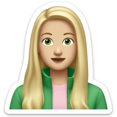 white girl with green eyes and long blonde hair with a light pink quarter zip up jacket sticker