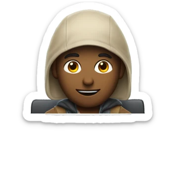 Developer looking at the camera and waving while sitting in front of the apple laptop. sticker