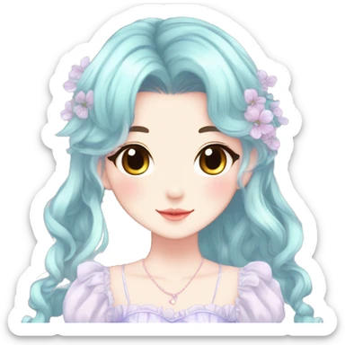 Cute kawaii gorgeous pretty anime pastel lady beautiful hair with gorgeous dress fairycore cottagecore detailed high quality trending aesthetic sticker