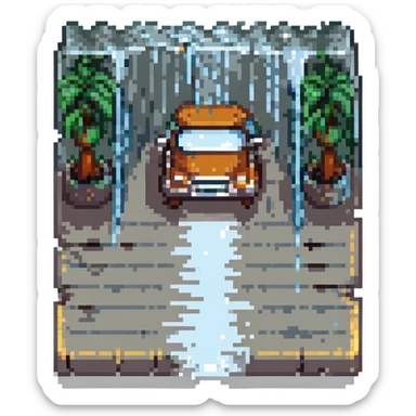 a rainy road with puddles and falling rain in pixel art style sticker