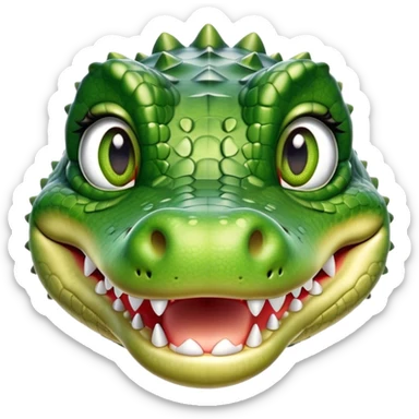 Cinematic Realistic Cute Crocodile Portrait Emoji, Head tilted playfully and inquisitively, featuring a robust, well-defined build with intricately detailed, glossy olive-green scales and a surprisingly endearing face with round, sparkling eyes full of unexpected charm, rendered with lifelike texture and natural highlights, high shine, affectionate and spirited, styled with a touch of wild whimsy, soft glowing outline, capturing the essence of a mischievous yet lovable crocodile that seems poised to snap playfully out of the screen into your arms! sticker