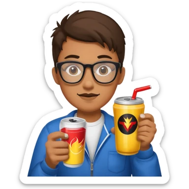 Gamer with big glasses and energy drink coffee sticker