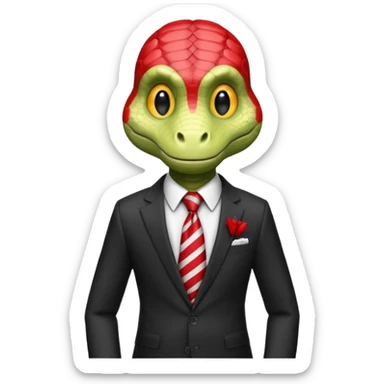 A reptilian humanoid dressing a suit, striped red and white tie, human emoji style, his face is seriously and sarcastic sticker