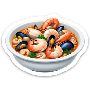 Cinematic Realistic Buzara Seafood Dish Emoji, depicted as a rustic, flavorful seafood stew with shellfish rendered with rich textures and dynamic, maritime lighting. sticker