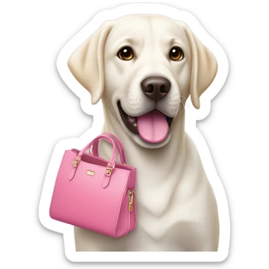 White Labrador holding the handle of a white and pink purse in her mouth  sticker