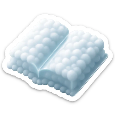 top view of a thick open book made entirely of small, very bright white fluffy convex clouds, matte glass style sticker