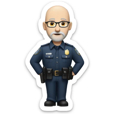 Bald Caucasian man with light gray beard in police uniform with a glasses and left ar piercing sticker