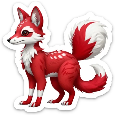 Feral Rare Fantasy   bright cherry-red fur with clean snow-white chest and muzzle Vernid-Sergal-Genet-Trico-species by LiLaiRa, random markings, tufted tail, tufted ears, full body sticker