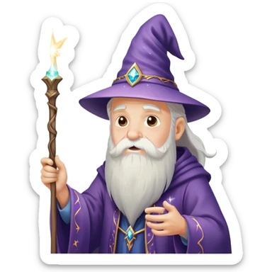 old man wizard with a beard casting a spell with a wand with sparkles and magic sticker